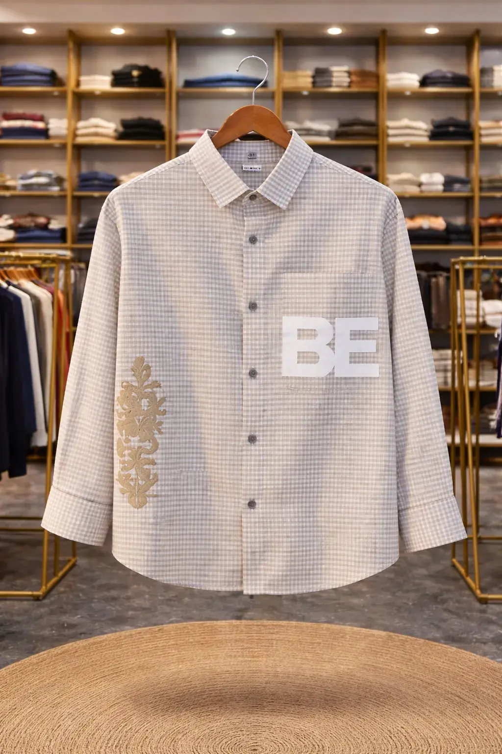Men's Beige Gingham Shirt with 'BE' Graphic and Floral Embroidery